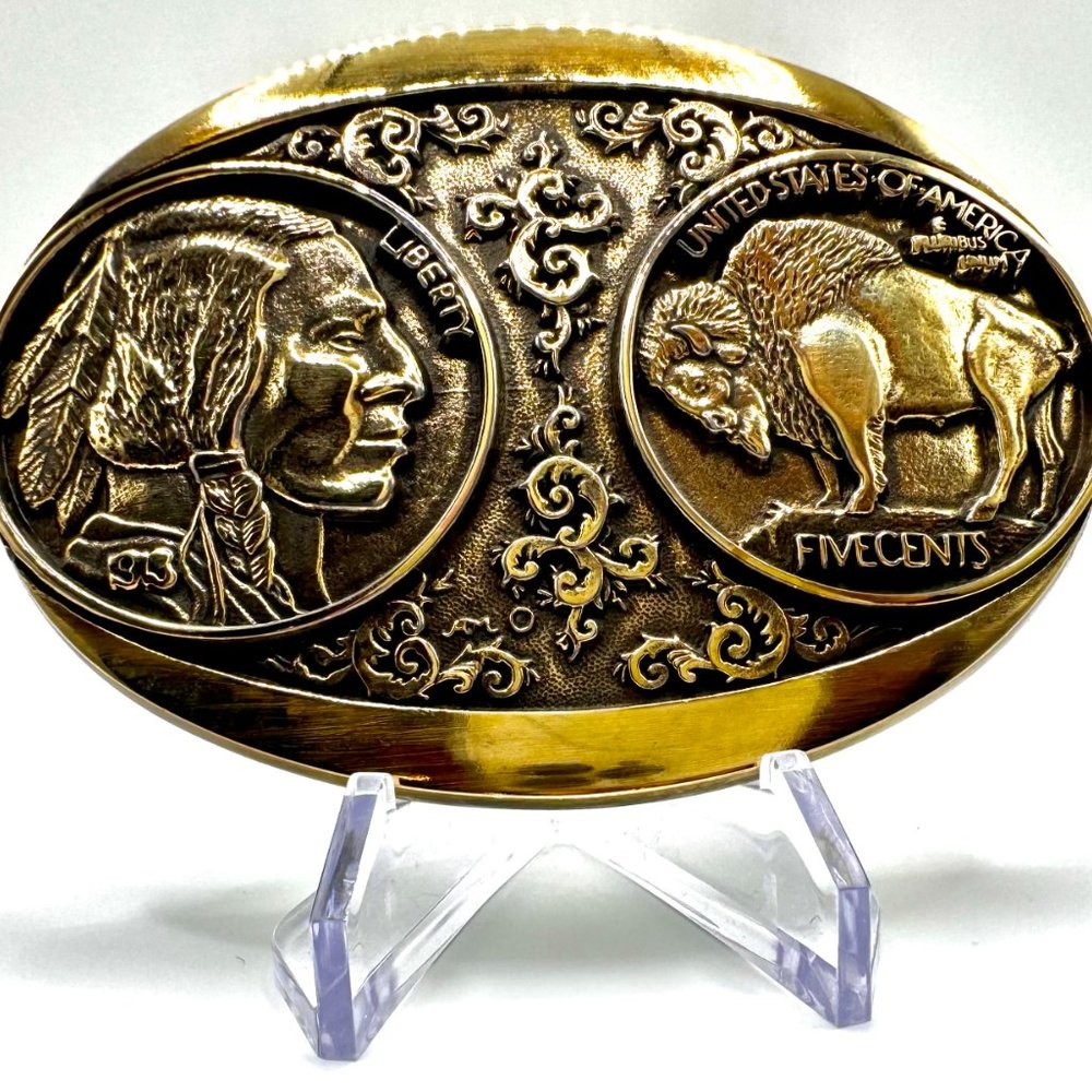 Montana Silversmiths Buffalo Nickel Brass Belt Buckle, Five Cents Beautiful